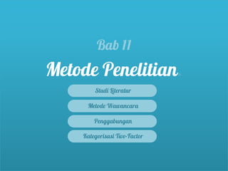 Bab 11
Metode Penelitian
        Studi Literatur

     Metode Wawancara

        Penggabungan

    Kategorisasi Two-Factor
 