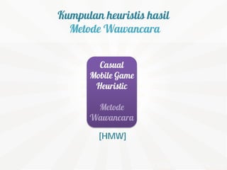 Kumpulan heuristis hasil
  Metode Wawancara


        Casual
      Mobile Game
       Heuristic

       Metode
      Wawancara

        [HMW]
 