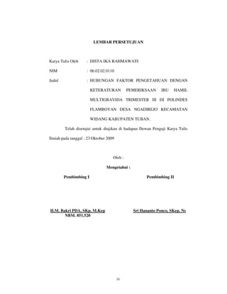 LEMBAR PERSETUJUAN



Karya Tulis Oleh     : DISTA IKA RAHMAWATI

NIM                  : 06.02.02.0110

Judul                : HUBUNGAN FAKTOR PENGETAHUAN DENGAN

                       KETERATURAN           PEMERIKSAAN     IBU   HAMIL

                       MULTIGRAVIDA TRIMESTER III DI POLINDES

                       FLAMBOYAN DESA NGADIREJO KECAMATAN

                       WIDANG KABUPATEN TUBAN.

        Telah disetujui untuk diujikan di hadapan Dewan Penguji Karya Tulis

Ilmiah pada tanggal : 23 Oktober 2009



                                    Oleh :

                                Mengetahui :

        Pembimbing I                                 Pembimbing II




H.M. Bakri PDA, SKp, M.Kep                     Sri Hananto Ponco, SKep, Ns
       NBM. 851.520




                                        iv
 