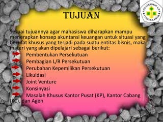 TUJUAN
Sesuai tujuannya agar mahasiswa diharapkan mampu
menerapkan konsep akuntansi keuangan untuk situasi yang
bersifat k...
