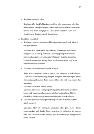 12
b. Kesalahan dalam perkalian
Kesalahan k2s1 dan k3s3 ketika mengalikan suku satu ataupun suku dua
bentuk aljabar. Dari percakapan A9 kesalahan ini disebabkan karena siswa
terburu-buru dalam mengerjakan. Ketika ditanya kembali secara lisan
siswa tersebut dapat menjawab dengan tepat.
2. Kesalahan konseptual
a. Kesalahan prosedur dalam mengalikan pecahan dengan bentuk sekawan
dari penyebutnya
Kesalahan k2s1 dan k3s3 ini terjadi karena siswa kurang teliti dalam
mengaplikasikan konsep perkalian, khususnya pada pokok bahasan
merasionalkan penyebut bentuk akar. Maka dari itu perlu ditanamkan
kepada siswa mengenai konsep dasar, bagaimana prosedur yang benar
sebelum menyelesaikan soal.
b. Kesalahan dalam memahami bentuk bilangan
Siswa belum menguasai materi prasyarat yaitu mengenai bentuk bilangan.
Tidak sedikit dari mereka yang mengerti mengenai bentuk bilangan. Selain
itu mereka juga kesulitan dalam membedakan suku baik yang sejenis dan
tak sejenis.
c. Kesalahan dalam sifat operasi hitung
Kesalahan k2s3 siswa kurang dapat mengaplikasikan sifat-sifat operasi
hitung baik itu penjumlahan maupu perkalian bentuk aljabar. Hal ini
disebabkan dari kurangnya pemahaman mengenai bentuk bilangan.
d. Kesalahan prosedur dalam operasi hitung dan lebih menekankan pada
teknik mencoret
Kesalahan k1s3 ini seringkali dilakukan oleh para siswa dalam
menyelesaikan soal. Ketika ditanya apa dasarnya melakukan itu mereka
tidak tahu. Menurut mereka biasanya guru ketika mengajar menggunakan
teknik tersebut.
 