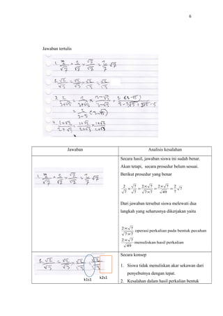 6
Jawaban Analisis kesalahan
Secara hasil, jawaban siswa ini sudah benar.
Akan tetapi, secara prosedur belum sesuai.
Berikut prosedur yang benar
7
7
2
49
72
77
72
7
7
7
2
=
×
=
×
×
=×
Dari jawaban tersebut siswa melewati dua
langkah yang seharusnya dikerjakan yaitu
perkalianhasilmenuliskan
49
72
pecahanbentukpadaperkalianoperasi
77
72
×
×
×
Secara konsep
1. Siswa tidak menuliskan akar sekawan dari
penyebutnya dengan tepat.
2. Kesalahan dalam hasil perkalian bentuk
Jawaban tertulis
k1s1 k2s1
 