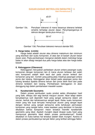 DASAR-DASAR METROLOGI INDSUTRI 14
Bab I Pendahuluan

±0.01
30

Gambar 1.8c.

Penulisan toleransi di mana besarnya toleransi terletak
simetris terhadap ukuran dasar. Penyimpangannya di
dahului dengan tanda plus-minus (+)
50 h7

Gambar 1.8d. Penulisan toleransi menurut standar ISO.
5. Harga batas (Limits)
Harga batas adalah ukuran atau dimensi maksimum dan minimum
yang diizinkan dari suatu komponen, di atas dan di bawah ukuran besar
(basic size). Pada pembahasan mengenai statistik dalam metrologi harga
batas ini akan dibagi menjadi dua yaitu harga batas atas dan harga batas
bawah.
6. Kelonggaran (Clearance)
Kelonggaran merupakan perbedaan ukuran antara pasangan suatu
komponen dengan komponen lain di mana ukuran terbesar dari salah
satu komponen adalah lebih kecil dari pada ukuran terkecil dari
komponen yang lain. Contoh yang paling jelas misalnya pasangan antara
poros dan lubang. Kelonggaran akan terjadi pada pasangan poros dan
lubang tersebut apabila dimensi terluar dari poros lebih kecil dari pada
dimensi terdalam dari lubang. Pembahasan kelonggaran ini akan
disinggung lagi dalam pembahasan masalah suaian.
E.

Karakteristik Geometris
Dalam proses pembuatan suatu produk selalu diharapkan hasil
yang baik, ditinjau dari segi bentuk maupun ukuran. Akan tetapi dalam
kenyataannya sulit diperoleh hasil yang sangat sempurna dalam arti
ukuran, bentuk dan kehalusannya sangat tepat. Kalau suatu komponen
mesin yang kita buat ternyata mempunyai ukuran yang sangat tepat
dengan bentuk yang sangat sempurna serta kehalusan permukaan
komponen yang sangat halus, maka keadaan yang demikian ini barulah
dikatakan bahwa komponen mesin tersebut memiliki karakteristik
geometris yang ideal. Apakah mungkin dapat dicapai suatu hasil yang
mempunyai geometris ideal dalam proses pembuatannya? Sudah
dikatakan di muka bahwa hal tersebut adalah tidak mungkin. Karena di
dalam proses pembuatannya banyak faktor yang terlibat sehingga faktor-

 