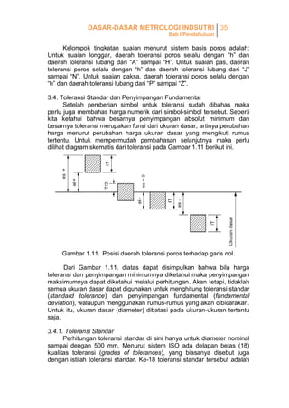 DASAR-DASAR METROLOGI INDSUTRI 35
Bab I Pendahuluan

Kelompok tingkatan suaian menurut sistem basis poros adalah:
Untuk suaian longgar, daerah toleransi poros selalu dengan “h” dan
daerah toleransi lubang dari “A” sampai “H”. Untuk suaian pas, daerah
toleransi poros selalu dengan “h” dan daerah toleransi lubang dari “J”
sampai “N”. Untuk suaian paksa, daerah toleransi poros selalu dengan
“h” dan daerah toleransi lubang dari “P” sampai “Z”.
3.4. Toleransi Standar dan Penyimpangan Fundamental
Setelah pemberian simbol untuk toleransi sudah dibahas maka
perlu juga membahas harga numerik dari simbol-simbol tersebut. Seperti
kita ketahui bahwa besarnya penyimpangan absolut minimum dan
besarnya toleransi merupakan funsi dari ukuran dasar, artinya perubahan
harga menurut perubahan harga ukuran dasar yang mengikuti rumus
tertentu. Untuk mempermudah pembahasan selanjutnya maka perlu
dilihat diagram skematis dari toleransi pada Gambar 1.11 berikut ini.

Gambar 1.11. Posisi daerah toleransi poros terhadap garis nol.
Dari Gambar 1.11. diatas dapat disimpulkan bahwa bila harga
toleransi dan penyimpangan minimumnya diketahui maka penyimpangan
maksimumnya dapat diketahui melalui perhitungan. Akan tetapi, tidaklah
semua ukuran dasar dapat digunakan untuk menghitung toleransi standar
(standard tolerance) dan penyimpangan fundamental (fundamental
deviation), walaupun menggunakan rumus-rumus yang akan dibicarakan.
Untuk itu, ukuran dasar (diameter) dibatasi pada ukuran-ukuran tertentu
saja.
3.4.1. Toleransi Standar
Perhitungan toleransi standar di sini hanya untuk diameter nominal
sampai dengan 500 mm. Menurut sistem ISO ada delapan belas (18)
kualitas toleransi (grades of tolerances), yang biasanya disebut juga
dengan istilah toleransi standar. Ke-18 toleransi standar tersebut adalah

 