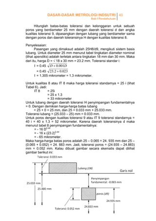 DASAR-DASAR METROLOGI INDSUTRI 40
Bab I Pendahuluan

Hitunglah batas-batas toleransi dan kelonggaran untuk sebuah
poros yang berdiameter 25 mm dengan daerah toleransi d dan angka
kualitas toleransi 9, dipasangkan dengan lubang yang berdiameter sama
dengan poros dan daerah toleransinya H dengan kualitas toleransi 8.
Penyelesaian:
Pasangan yang dimaksud adalah 25H8/d9, mengikuti sistem basis
lubang. Untuk diameter 25 mm menurut tabel tingkatan diameter nominal
(lihat apendiks) adalah terletak antara tingkatan 18 mm dan 30 mm. Maka
dari itu, harga D =  18 x 30 mm = 23.2 mm. Toleransi standar i:
I = 0.45 D  0.001D
= 0.45 23.2  0.023
I = 1.305 mikrometer = 1.3 mikrometer.
Untuk kualitas 8 atau IT 8 maka harga toleransi standarnya = 25 i (lihat
Tabel 6). Jadi:
IT 8
= 25i
= 25 x 1.3
= 33 mikrometer
Untuk lubang dengan daerah toleransi H penyimpangan fundamentalnya
= 0. Dengan demikian harga-harga batas lubang
= 25 + 0 = 25 mm, dan 25 + 0.033 mm + 25.033 mm.
Toleransi lubang = (25.033 – 25) mm = 0.033 mm.
Untuk poros dengan kualitas toleransi 9 atau IT 9 toleransi standarnya =
40 i = 40 x 1.3 = 52 mikrometer. Karena daerah toleransinya d maka
menurut tabel 8 penyimpangan fundamentalnya:
= - 16 D0.44
= - 16 x (23.2)0.44
= - 65 mikrometer.
Maka harga-harga batas poros adalah 25 – 0.065 = 24. 935 mm dan 25 –
(0.065 + 0.052) = 24. 883 mm. Jadi, toleransi poros = (24.935 – 24.883)
mm = 0.052 mm. Kalau dibuat gambar secara skematis dapat dilihat
gambar berikut ini:

 