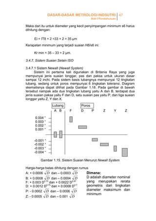 DASAR-DASAR METROLOGI INDSUTRI 47
Bab I Pendahuluan

Maka dari itu untuk diameter yang kecil penyimpangan minimum s6 harus
dihitung dengan:
Ei = IT8 + 2 =33 + 2 = 35 µm
Kerapatan minimum yang terjadi suaian H8/s6 ini:
Kr min = 35 – 33 = 2 µm.
3.4.7. Sistem Suaian Selain ISO
3.4.7.1 Sistem Newall (Newall System)
Sistem ini pertama kali digunakan di Britania Raya yang juga
mempunyai jenis suaian longgar, pas dan paksa untuk ukuran dasar
sampai 12 inchi. Pada sistem basis lubangnya mempunyai 12 tingkatan
lubang, sedang untuk poros mempunyai 6 tingkatan toleransi. Diagram
skematisnya dapat dilihat pada Gambar 1.18. Pada gambar di bawah
tersebut nampak ada dua tingkatan lubang yaitu A dan B, terdapat dua
jenis suaian paksa yaitu F dan D, satu suaian pas yaitu P, dan tiga suaian
longgar yaitu Z, Y dan X.
Lubang
A B

Poros
F

P

D

Z

Y

Z

0.004 “
0.003 “
0.002 “
0.001 “
-0.001 “
-0.002 “
-0.003 “
-0.004 “
Gambar 1.15. Sistem Suaian Menurut Newall System
Harga-harga batas dihitung dengan rumus
A: + 0.0006

D dan – 0.0003
D dan – 0.0004

D
D

B: + 0.0008
F: + 0.003 D0.75 dan + 0.0022 D0.87
D: + 0.0012 D0.75 dan + 0.0008 D0.7
P: - 0.0002 D dan – 0.0006 D
Z: - 0.0005

D dan – 0.001

D

Dimana:
D adalah diameter nominal
yang merupakan rerata
geometris dari tingkatan
diameter maksimum dan
minimum

 