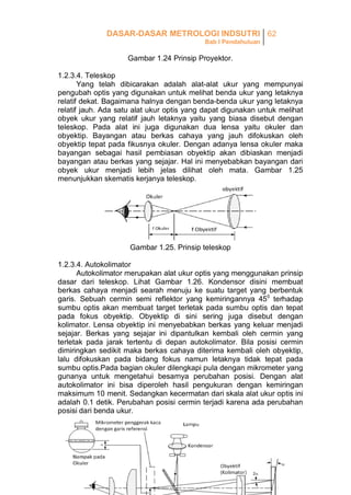 DASAR-DASAR METROLOGI INDSUTRI 62
Bab I Pendahuluan

Gambar 1.24 Prinsip Proyektor.
1.2.3.4. Teleskop
Yang telah dibicarakan adalah alat-alat ukur yang mempunyai
pengubah optis yang digunakan untuk melihat benda ukur yang letaknya
relatif dekat. Bagaimana halnya dengan benda-benda ukur yang letaknya
relatif jauh. Ada satu alat ukur optis yang dapat digunakan untuk melihat
obyek ukur yang relatif jauh letaknya yaitu yang biasa disebut dengan
teleskop. Pada alat ini juga digunakan dua lensa yaitu okuler dan
obyektip. Bayangan atau berkas cahaya yang jauh difokuskan oleh
obyektip tepat pada fikusnya okuler. Dengan adanya lensa okuler maka
bayangan sebagai hasil pembiasan obyektip akan dibiaskan menjadi
bayangan atau berkas yang sejajar. Hal ini menyebabkan bayangan dari
obyek ukur menjadi lebih jelas dilihat oleh mata. Gambar 1.25
menunjukkan skematis kerjanya teleskop.

Gambar 1.25. Prinsip teleskop
1.2.3.4. Autokolimator
Autokolimator merupakan alat ukur optis yang menggunakan prinsip
dasar dari teleskop. Lihat Gambar 1.26. Kondensor disini membuat
berkas cahaya menjadi searah menuju ke suatu target yang berbentuk
garis. Sebuah cermin semi reflektor yang kemiringannya 450 terhadap
sumbu optis akan membuat target terletak pada sumbu optis dan tepat
pada fokus obyektip. Obyektip di sini sering juga disebut dengan
kolimator. Lensa obyektip ini menyebabkan berkas yang keluar menjadi
sejajar. Berkas yang sejajar ini dipantulkan kembali oleh cermin yang
terletak pada jarak tertentu di depan autokolimator. Bila posisi cermin
dimiringkan sedikit maka berkas cahaya diterima kembali oleh obyektip,
lalu difokuskan pada bidang fokus namun letaknya tidak tepat pada
sumbu optis.Pada bagian okuler dilengkapi pula dengan mikrometer yang
gunanya untuk mengetahui besarnya perubahan posisi. Dengan alat
autokolimator ini bisa diperoleh hasil pengukuran dengan kemiringan
maksimum 10 menit. Sedangkan kecermatan dari skala alat ukur optis ini
adalah 0.1 detik. Perubahan posisi cermin terjadi karena ada perubahan
posisi dari benda ukur.

 