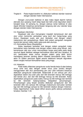 DASAR-DASAR METROLOGI INDSUTRI 73
Bab I Pendahuluan

Tingkat 4:

Pada tingkat terakhir ini, dilakukan kalibrasi standar nasional
dengan standar meter internasional.

Dengan urut-urutan kalibrasi di atas maka dapat dijamin bahwa
alat-alat ukur panjang masih tetap tepat dan teliti untuk digunakan dalam
bengkel kerja. Di samping itu, dengan adanya rantai kalibrasi di atas
dapat dihindari terjadinya pemeriksaan langsung alat ukur standar kerja
dengan standar meter internasional.
4.2. Kepekaan (Sentivity)
Kepekaan alat ukur menyangkut masalah kemampuan dari alat
ukur untuk memonitor perbedaan yang kecil dari harga-harga yang
diukur. Kepekaan suatu alat ukur berkaitan erat dengan sistem
mekanisme dari pengubahnya. Makin teliti sistem pengubah mengolah
isyarat dari sensor maka makin peka pula alat ukurnya.
4.3. Kemudahan Baca (Readability)
Kalau kepekaan berkaitan erat dengan sistem pengubah maka
kemudahan baca berkaitan erat dengan sistem skala yang dibuat. Jadi,
kemampuan alat ukur untuk menunjukkan harga yang jelas pada skala
ukurnya dapat diartikan sebagai kemudahan baca alat ukur tersebut. Di
sini, pembuatan skala nonius dengan sistem yang lebih terinci
memegang peranan penting dalam masalah kemudahan baca. Akhirakhir ini sistem penunjuk digital secara elektronis banyak digunakan
dalam rangka mencari kemudahan baca yang tinggi.
4.4. Histerisis
Pada waktu dilakukan pengukuran sudut benda kerja di atas batang
sinus (sine bar) atau dengan senter sinus (sine center) dengan
menggunakan alat ukur pembanding jam ukur (dial indicator) biasanya
dilakukan pengukuran bolak-balik. Bolak-balik di sini artinya jam ukur
digerakkan dalam dua arah yaitu dari titik terendah menuju titik tertinggi
dari benda ukur, dan dari titik tertinggi menuju ke titik terendah. Kalau
diperhatikan pengukuran pada waktu menuju ke titik tertinggi dan kembali
ke
titik
terendah
kadang-kadang
didapatkan
penyimpangan.
Penyimpangan yang terjadi sewaktu dilakukan pengukuran dari titik
terendah (titik nol) sampai titik tertinggi (maksimum) kemudian kembali
lagi dari titik tertinggi sampai ke titik terendah disebut dengan histerisis.
Kalau digambarkan maka dapat dilihat secara grafis adanya perbedaan
tersebut, Gambar 1.33.

 