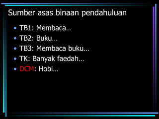 Sumber asas binaan pendahuluan
 •   TB1: Membaca…
 •   TB2: Buku…
 •   TB3: Membaca buku…
 •   TK: Banyak faedah…
 •   DCM: Hobi…
 