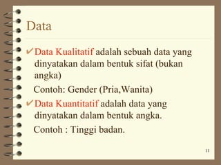 Data
 Data Kualitatif adalah sebuah data yang
 dinyatakan dalam bentuk sifat (bukan
 angka)
 Contoh: Gender (Pria,Wanita)
 Data Kuantitatif adalah data yang
 dinyatakan dalam bentuk angka.
 Contoh : Tinggi badan.
                                           11
 