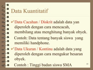 Data Kuantitatif
 Data Cacahan / Diskrit adalah data yan
 diperoleh dengan cara mencacah,
 membilang atau menghitung banyak obyek.
 Contoh: Data tentang banyak siswa yang
 memiliki handphone.
 Data Ukuran / Kontinu adalah data yang
 diperoleh dengan cara mengukur besaran
 obyek.
 Contoh : Tinggi badan siswa SMA        13
 