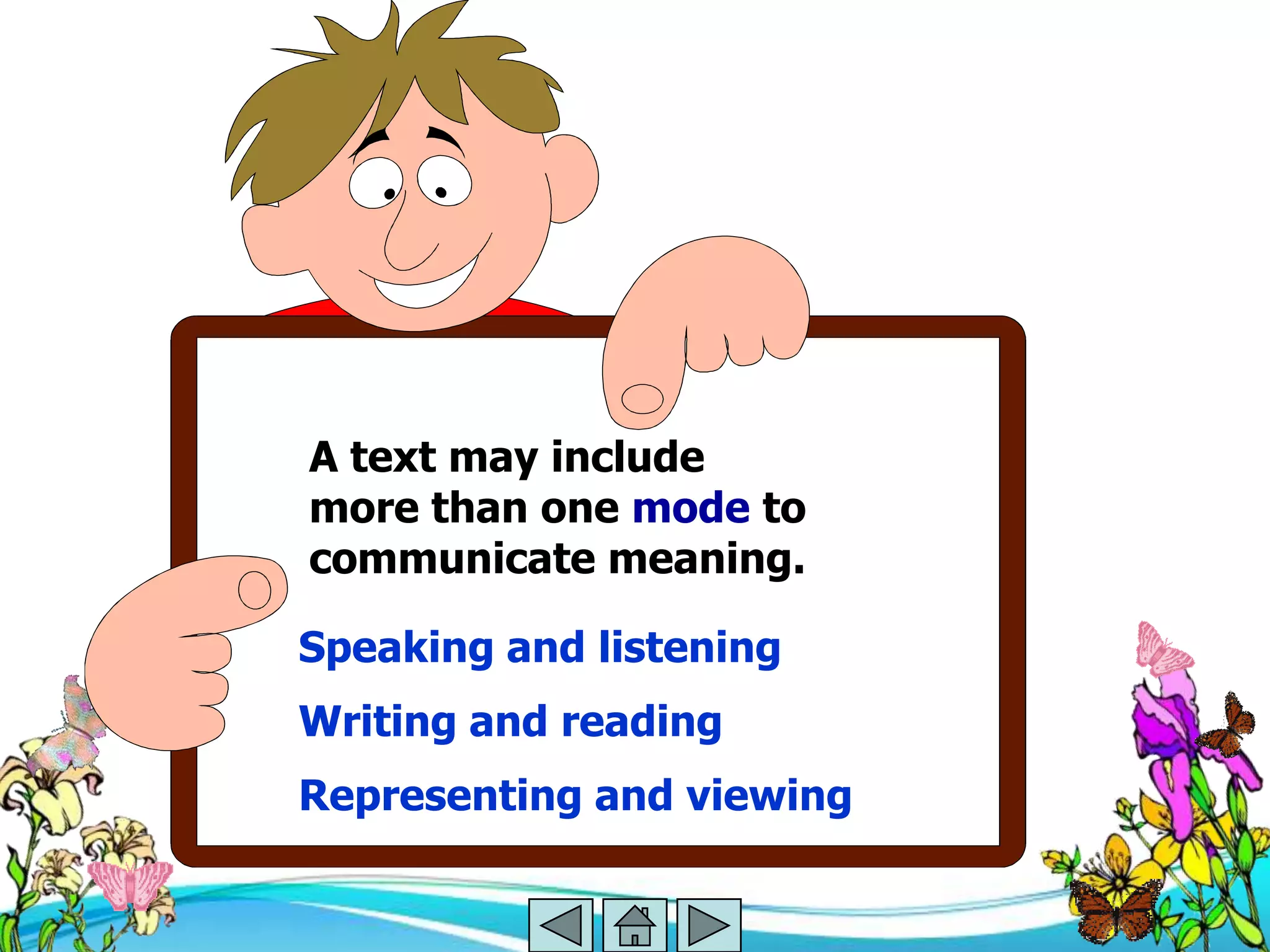 A text may include
more than one mode to
communicate meaning.

Speaking and listening
Writing and reading
Representing and viewing
 