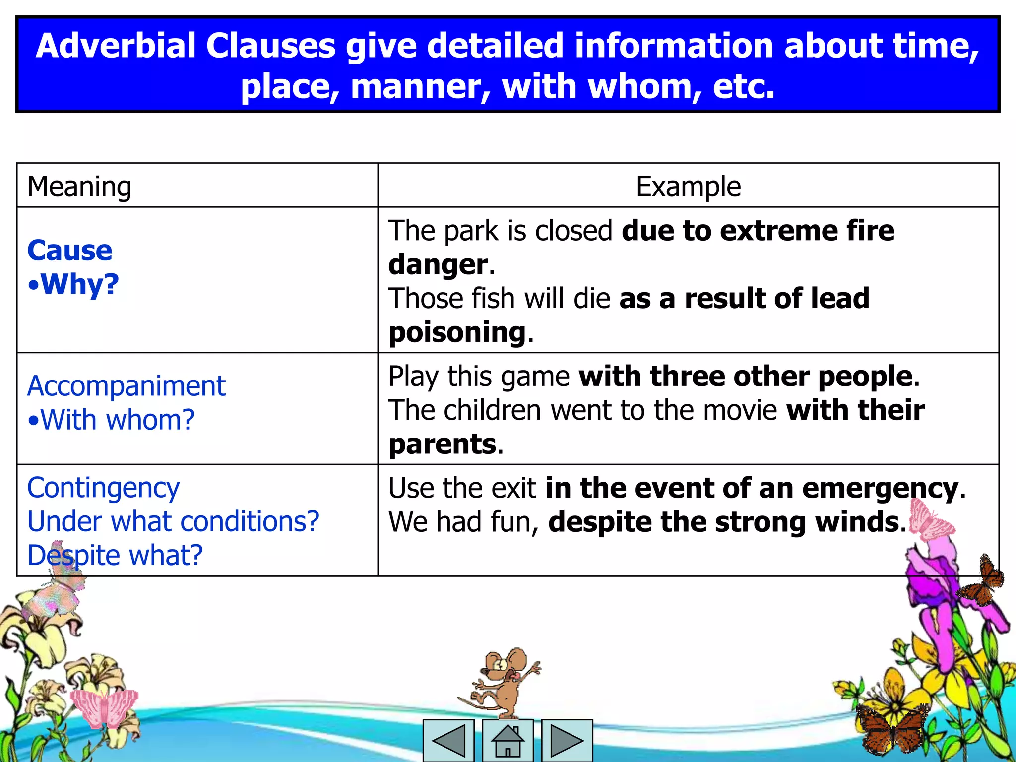 Adverbial Clauses give detailed information about time,
            place, manner, with whom, etc.

Meaning                                     Example
                         The park is closed due to extreme fire
Cause                    danger.
•Why?                    Those fish will die as a result of lead
                         poisoning.
Accompaniment            Play this game with three other people.
•With whom?              The children went to the movie with their
                         parents.
Contingency              Use the exit in the event of an emergency.
Under what conditions?   We had fun, despite the strong winds.
Despite what?
 