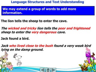 Language Structures and Text Understanding

 We may extend a group of words to add more
 information.

The lion tells the sheep to enter the cave.

The wicked and tricky lion tells the poor and frightened
sheep to enter the very dangerous cave.
Jack found a bird.

Jack who lived close to the bush found a very weak bird
lying on the damp ground.
 
