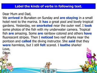 Label the kinds of verbs in following text.

Dear Mum and Dad,
We arrived in Bunaken on Sunday and are staying in a small
hotel next to the marina. It has a great pool and lovely tropical
gardens. Yesterday, we snorkeled near the outer reef. I took
some photos of the fish with my underwater camera. Tropical
fish are amazing. Some are rainbow colored and others have
fluorescent stripes. Then I noticed two reef sharks near the
pontoon and called the diving instructor. She said that they
were harmless, but I still felt scared. I loathe sharks!
Love,
Dinar.
 