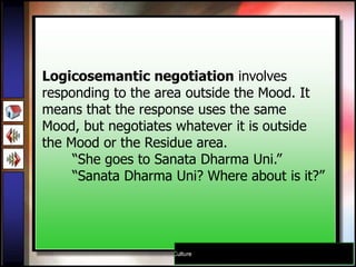 Logicosemantic negotiation involves
responding to the area outside the Mood. It
means that the response uses the same
Mood, but negotiates whatever it is outside
the Mood or the Residue area.
     “She goes to Sanata Dharma Uni.”
     “Sanata Dharma Uni? Where about is it?”
 