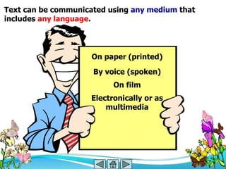 Text can be communicated using any medium that
includes any language.




                     On paper (printed)
                     By voice (spoken)
                           On film
                     Electronically or as
                         multimedia
 