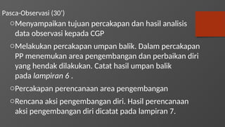 Pasca-Observasi (30’)
oMenyampaikan tujuan percakapan dan hasil analisis
data observasi kepada CGP
oMelakukan percakapan umpan balik. Dalam percakapan
PP menemukan area pengembangan dan perbaikan diri
yang hendak dilakukan. Catat hasil umpan balik
pada lampiran 6 .
oPercakapan perencanaan area pengembangan
oRencana aksi pengembangan diri. Hasil perencanaan
aksi pengembangan diri dicatat pada lampiran 7.
 