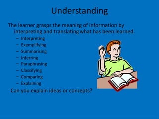 Understanding
The learner grasps the meaning of information by
  interpreting and translating what has been learned.
   –   Interpreting
   –   Exemplifying
   –   Summarising
   –   Inferring
   –   Paraphrasing
   –   Classifying
   –   Comparing
   –   Explaining
 Can you explain ideas or concepts?
 