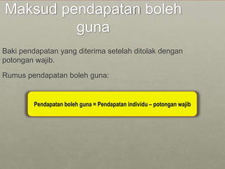 Maksud pendapatan boleh
         guna
Baki pendapatan yang diterima setelah ditolak dengan
potongan wajib.

Rumus pendapatan boleh guna:


         Pendapatan boleh guna = Pendapatan individu – potongan wajib
 