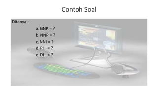 Contoh Soal 
Ditanya : 
a. GNP = ? 
b. NNP = ? 
c. NNI = ? 
d. PI = ? 
e. DI = ? 
 