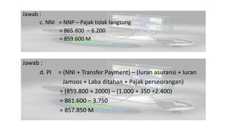 Jawab : 
c. NNI = NNP C Pajak tidak langsung 
= 865.800 C 6.200 
= 859.600 M 
Jawab : 
d. PI = (NNI + Transfer Payment) C (Iuran asuransi + Iuran 
Jamsos + Laba ditahan + Pajak perseorangan) 
= (859.800 + 2000) C (1.000 + 350 +2.400) 
= 861.600 C 3.750 
= 857.850 M 
 