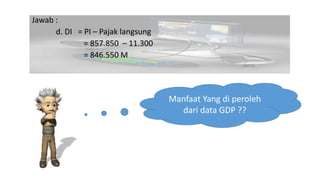 Jawab : 
d. DI = PI C Pajak langsung 
= 857.850 C 11.300 
= 846.550 M 
Manfaat Yang di peroleh 
dari data GDP ?? 
 