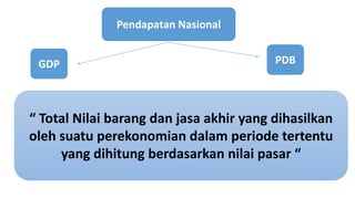 Pendapatan Nasional 
GDP PDB 
 Total Nilai barang dan jasa akhir yang dihasilkan 
oleh suatu perekonomian dalam periode tertentu 
yang dihitung berdasarkan nilai pasar  
 