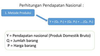 Perhitungan Pendapatan Nasional : 
1. Metode Produksi 
Y = (Q1. P1) + (Q2. P2) + .(Qn. Pn) 
Y = Pendapatan nasional (Produk Domestik Bruto) 
Q = Jumlah barang 
P = Harga barang 
 
