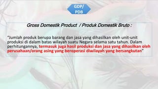 GDP/ 
PDB 
Gross Domestik Product / Produk Domestik Bruto : 
Jumlah produk berupa barang dan jasa yang dihasilkan oleh unit-unit 
produksi di dalam batas wilayah suatu Negara selama satu tahun. Dalam 
perhitungannya, termasuk juga hasil produksi dan jasa yang dihasilkan oleh 
perusahaan/orang asing yang beroperasi diwilayah yang bersangkutan 
 
