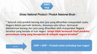GNP/ 
PNB 
Gross National Product / Produk Nasional Bruto : 
 Seluruh nilai produk barang dan jasa yang dihasilkan masyarakat suatu 
Negara dalam periode tertentu, biasanya satu tahun, termasuk 
didalamnya barang dan jasa yang dihasilkan oleh masyarakat Negara 
tersebut yang berada di luar negeri. tetapi tidak termasuk hasil produksi 
perusahaan asing yang beroperasi di wilayah negara tersebut 
Rumus GNP = GDP C Produk netto terhadap luar negeri 
 