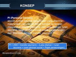 KONSEP
PI (Personal Income)
adalah jumlah seluruh penerimaan yang diterima
masyarakat yang benar-benar sampai ke tangan
masyarakat setelah dikurangi oleh laba ditahan, iuran
asuransi, iuran jaminan social, pajak perseorangan
dan ditambah dengan transfer payment
PI = (NNI + transfer payment) – (Laba ditahan + Iuran
asuransi + Iuran jaminan social + Pajak perseorangan)
 