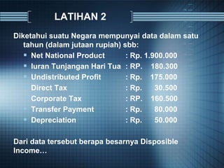 LATIHAN 2
Diketahui suatu Negara mempunyai data dalam satu
tahun (dalam jutaan rupiah) sbb:
 Net National Product : Rp. 1.900.000
 Iuran Tunjangan Hari Tua : RP. 180.300
 Undistributed Profit : Rp. 175.000
 Direct Tax : Rp. 30.500
 Corporate Tax : RP. 160.500
 Transfer Payment : Rp. 80.000
 Depreciation : Rp. 50.000
Dari data tersebut berapa besarnya Disposible
Income…
 