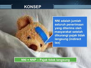 )
NNI adalah jumlah
seluruh penerimaan
yang diterima oleh
masyarakat setelah
dikurangi pajak tidak
langsung (indirect
tax)
KONSEP
NNI = NNP – Pajak tidak langsung
 