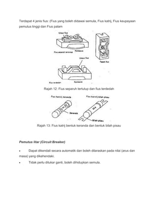 Terdapat 4 jenis fius: (Fius yang boleh didawai semula, Fius katrij, Fius keupayaan
pemutus tinggi dan Fius palam




                 Rajah 12: Fius separuh tertutup dan fius terdedah




            Rajah 13: Fius katrij bentuk keranda dan bentuk bilah pisau




Pemutus litar (Circuit Breaker)

      Dapat dikendali secara automatik dan boleh dilaraskan pada nilai (arus dan
masa) yang dikehendaki.
      Tidak perlu ditukar ganti, boleh dihidupkan semula.
 