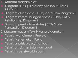 1. Macam-macam alat:
 Diagram HIPO ( Hierarchy plus Input-Proses-
Output ),
 Diagram aliran data ( DFD/ data Flow Diagram )
 Diagram keterhubungan entitas ( ERD/ Entity
Relationship Diagram )
 Diagram perubahan status ( STD/ State
Transaction Diagram )
2. Macam-macam Teknik yang digunakan:
 Teknik Manajemen Proyek,
 Teknik Menemukan Fakta
 Teknik analisis biaya/manfaat
 Teknik untuk menjalankan rapat
 Teknik Inspeksi/walkthrough
 