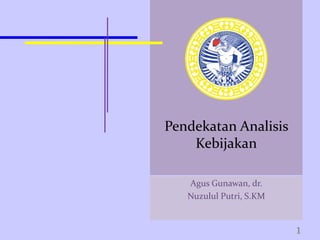 Pendekatan Analisis
    Kebijakan

   Agus Gunawan, dr.
   Nuzulul Putri, S.KM


                         1
 