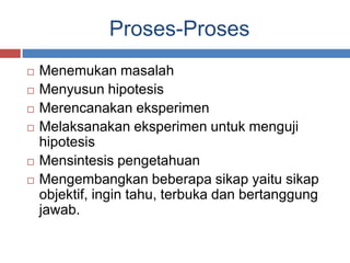 Proses-Proses
 Menemukan masalah
 Menyusun hipotesis
 Merencanakan eksperimen
 Melaksanakan eksperimen untuk menguji
hipotesis
 Mensintesis pengetahuan
 Mengembangkan beberapa sikap yaitu sikap
objektif, ingin tahu, terbuka dan bertanggung
jawab.
 