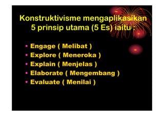 Konstruktivisme mengaplikasikan
  5 prinsip utama (5 Es) iaitu :

 •   Engage ( Melibat )
 •   Explore ( Meneroka )
 •   Explain ( Menjelas )
 •   Elaborate ( Mengembang )
 •   Evaluate ( Menilai )
 