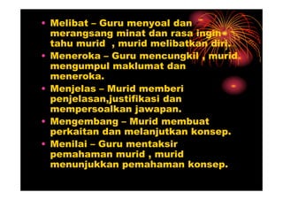 • Melibat – Guru menyoal dan
  merangsang minat dan rasa ingin
  tahu murid , murid melibatkan diri.
• Meneroka – Guru mencungkil , murid
  mengumpul maklumat dan
  meneroka.
• Menjelas – Murid memberi
  penjelasan,justifikasi dan
  mempersoalkan jawapan.
• Mengembang – Murid membuat
  perkaitan dan melanjutkan konsep.
• Menilai – Guru mentaksir
  pemahaman murid , murid
  menunjukkan pemahaman konsep.
 