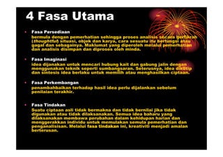 4 Fasa Utama
•   Fasa Persediaan
    bermula dengan pemerhatian sehingga proses analisis secara berfikrah
    (thoughtful) situasi, objek dan karya, cara sesuatu itu berfungsi atau
    gagal dan sebagainya. Maklumat yang diperoleh melalui pemerhatian
    dan analisis disimpan dan diproses oleh minda.

•   Fasa Imaginasi
    idea dijanakan untuk mencari hubung kait dan gabung jalin dengan
    menggunakan teknik seperti sumbangsaran. Seterusnya, idea dikutip
    dan sintesis idea berlaku untuk memilih atau menghasilkan ciptaan.

•   Fasa Perkembangan
    penambahbaikan terhadap hasil idea perlu dijalankan sebelum
    penilaian terakhir.


•   Fasa Tindakan
    Suatu ciptaan asli tidak bermakna dan tidak bernilai jika tidak
    digunakan atau tidak dilaksanakan. Semua idea baharu yang
    dilaksanakan membawa perubahan dalam kehidupan harian dan
    menggerakkan individu untuk memulakan semula pemerhatian dan
    penganalisisan. Melalui fasa tindakan ini, kreativiti menjadi amalan
    berterusan.
 