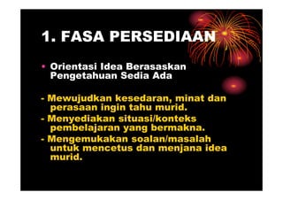 1. FASA PERSEDIAAN
• Orientasi Idea Berasaskan
  Pengetahuan Sedia Ada

- Mewujudkan kesedaran, minat dan
  perasaan ingin tahu murid.
- Menyediakan situasi/konteks
  pembelajaran yang bermakna.
- Mengemukakan soalan/masalah
  untuk mencetus dan menjana idea
  murid.
 