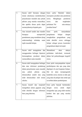 3.

Secara

aktif

bersama

dengan Guru

perlu

fleksibel

dalam

teman sekelasnya mendiskusikan merespons jawaban atau pemikiran
penyelesaian masalah atau pokok siswa.

Menghargai

pikiran yang mereka munculkan, siswa

pemikiran

dan

meghindari

dan apabila dirasa perlu dapat perkataan “Ini
menanyakannya kepada guru.
4.

jawaban benar”

Atas inisiatif sendiri dan mandiri Guru
berupaya

satu-satunya

perlu

memperoleh pengalaman

belajar

pemahaman yang mendalam (deep mengkaitkan
understanding)

terhadap

topik masalah belajar.

suatu telah

menyediakan
dengan

pengetahuan

dimiliki

siswa

yang

sehingga

belajar sebagai proses konstruksi
pengetahuan dapat terwujud.

5.

Secara

aktif

mengajukan

dan Memaklumi

menggunakan berbagai hipotesis perbedaan
(kemungkinan

jawaban)

memecahkan suatu masalah.
6.

akan
individual,

adanya
termasuk

dalam dalam hal perkembangan kognitif
siswa.

Secara aktif mengajukan berbagai Guru perlu menyampaikan tujuan
data atau informasi pendukung pembelajaran dan apa yang akan
dalam penyelesaian suatu masalah dipelajari di awal kegiatan belajar.
atau

pokok

pikiran

yang Hal

ini

akan

mempengaruhi

dimunculkan sendiri atau yang keaktifan siswa, karena ia tahu apa
telah dimunculkan oleh teman yang akan di pelajari dan untuk apa
sekelas.
7.

Secara

ia terlibat dalam pembelajaran.
kreatif

dan

imajinatif Guru perlu banyak berinteraksi

mengaitkan antara gagasan yang dengan

siswa

untuk

dapat

telah dimiliki dengan informasi mengetahui apa yang telah mereka
baru yang diterima.

ketahui dan apa yang mereka
pikirkan.

 