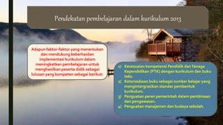 Pendekatan pembelajaran dalam kurikulum 2013
Adapun faktor-faktor yang menentukan
dan mendukung keberhasilan
implementasi kurikulum dalam
meningkatkan pembelajaran untuk
menghasilkan peserta didik sebagai
lulusan yang kompeten sebagai berikut:
1) Kesesuaian kompetensi Pendidik danTenaga
Kependidikan (PTK) dengan kurikulum dan buku
teks.
2) Ketersediaan buku sebagai sumber belajar yang
mengintergrasikan standar pembentuk
kurikulum.
3) Penguatan peran pemerintah dalam pembinaan
dan pengawasan.
4) Penguatan manajemen dan budaya sekolah.
 