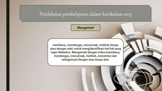Pendekatan pembelajaran dalam kurikulum 2013
Mengamati
membaca, mendengar, menyimak, melihat (tanpa
atau dengan alat) untuk mengidentifikasi hal-hal yang
ingin diketahui. Mengamati dengan indra (membaca,
mendengar, menyimak, melihat, menonton dan
sebagainya) dengan atau tanpa alat.
 