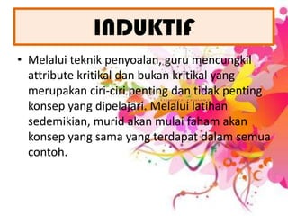 INDUKTIFMelaluiteknikpenyoalan, guru mencungkil attribute kritikaldanbukankritikal yang merupakanciri-ciripentingdantidakpentingkonsep yang dipelajari. Melaluilatihansedemikian, muridakanmulaifahamakankonsep yang sama yang terdapatdalamsemuacontoh.