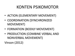 KONTEN PSIKOMOTOR 
• ACTION (ELEMENTARY MOVEMENT) 
• COORDINATION (SYNCHRONIZED 
MOVEMENT) 
• FORMATION (BODILY MOVEMENT) 
• PRODUCTION (COMBINE VERBAL AND 
NONVERBAL MOVEMENT) 
Vinson (2012) 
 