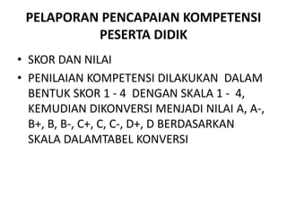 PELAPORAN PENCAPAIAN KOMPETENSI 
PESERTA DIDIK 
• SKOR DAN NILAI 
• PENILAIAN KOMPETENSI DILAKUKAN DALAM 
BENTUK SKOR 1 - 4 DENGAN SKALA 1 - 4, 
KEMUDIAN DIKONVERSI MENJADI NILAI A, A-, 
B+, B, B-, C+, C, C-, D+, D BERDASARKAN 
SKALA DALAMTABEL KONVERSI 
 