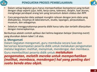 PENGUATAN PROSES PEMBELAJARAN: 
18 
• Dalam setiap kegiatan guru harus memperhatikan kompetensi yang terkait 
dengan sikap seperti jujur, teliti, kerja sama, toleransi, disiplin, taat aturan, 
menghargai pendapat orang lain yang tercantum dalam silabus dan RPP. 
• Cara pengumpulan data sedapat mungkin relevan dengan jenis data yang 
dieksplorasi, misalnya di laboratorium, studio, lapangan, perpustakaan, 
museum, dan sebagainya. 
• Sebelum menggunakannya peserta didik harus tahu dan terlatih dilanjutkan 
dengan menerapkannya. 
Berikutnya adalah contoh aplikasi dari kelima kegiatan belajar (learning event) 
yang diuraikan dalam tabel 1 di atas. 
a. Mengamati 
Dalam kegiatan mengamati, guru membuka secara luas dan 
bervariasi kesempatan peserta didik untuk melakukan pengamatan 
melalui kegiatan: melihat, menyimak, mendengar, dan membaca. 
Guru memfasilitasi peserta didik untuk melakukan 
pengamatan, melatih mereka untuk memperhatikan 
(melihat, membaca, mendengar) hal yang penting dari 
suatu benda atau objek. 
 