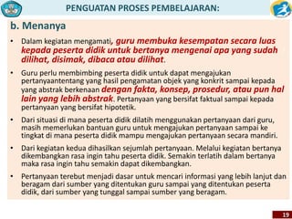 PENGUATAN PROSES PEMBELAJARAN: 
19 
b. Menanya 
• Dalam kegiatan mengamati, guru membuka kesempatan secara luas 
kepada peserta didik untuk bertanya mengenai apa yang sudah 
dilihat, disimak, dibaca atau dilihat. 
• Guru perlu membimbing peserta didik untuk dapat mengajukan 
pertanyaantentang yang hasil pengamatan objek yang konkrit sampai kepada 
yang abstrak berkenaan dengan fakta, konsep, prosedur, atau pun hal 
lain yang lebih abstrak. Pertanyaan yang bersifat faktual sampai kepada 
pertanyaan yang bersifat hipotetik. 
• Dari situasi di mana peserta didik dilatih menggunakan pertanyaan dari guru, 
masih memerlukan bantuan guru untuk mengajukan pertanyaan sampai ke 
tingkat di mana peserta didik mampu mengajukan pertanyaan secara mandiri. 
• Dari kegiatan kedua dihasilkan sejumlah pertanyaan. Melalui kegiatan bertanya 
dikembangkan rasa ingin tahu peserta didik. Semakin terlatih dalam bertanya 
maka rasa ingin tahu semakin dapat dikembangkan. 
• Pertanyaan terebut menjadi dasar untuk mencari informasi yang lebih lanjut dan 
beragam dari sumber yang ditentukan guru sampai yang ditentukan peserta 
didik, dari sumber yang tunggal sampai sumber yang beragam. 
 
